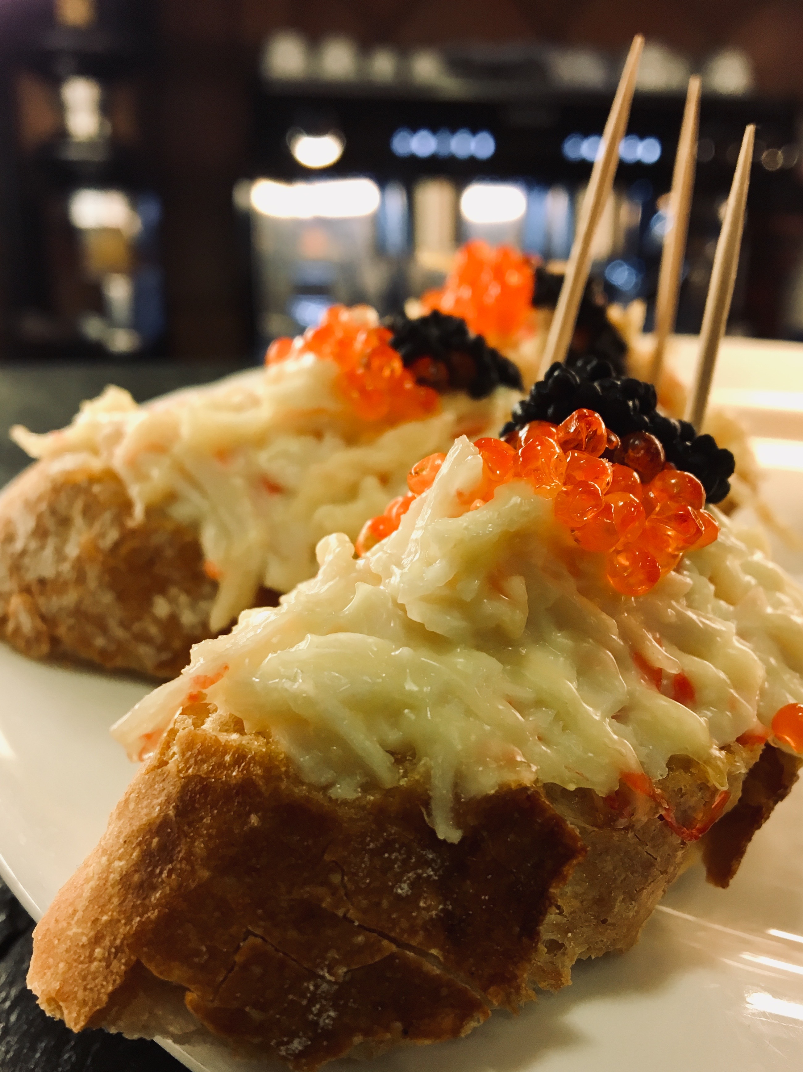 Local seafood pintxos with caviar
